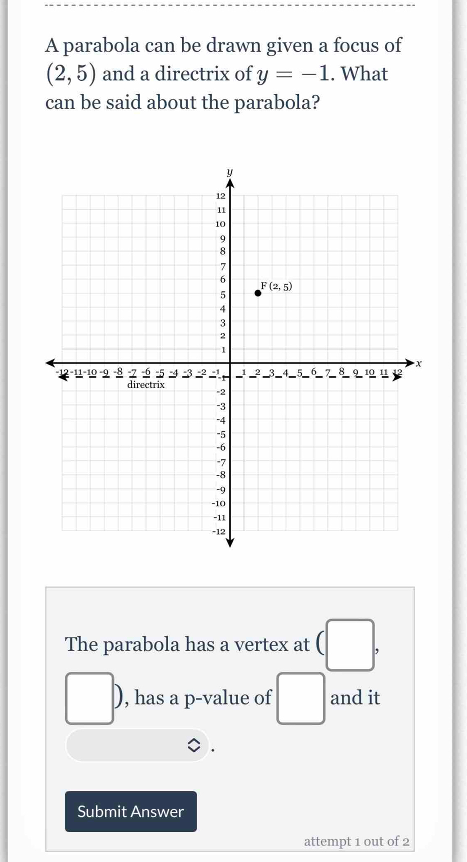 A parabola can be drawn given a focus of
(2,5) and a directrix of y=-1. What
can be said about the parabola?
The parabola has a vertex at (□ ,
□ ) , has a p-value of □° and it
Submit Answer
attempt 1 out of 2