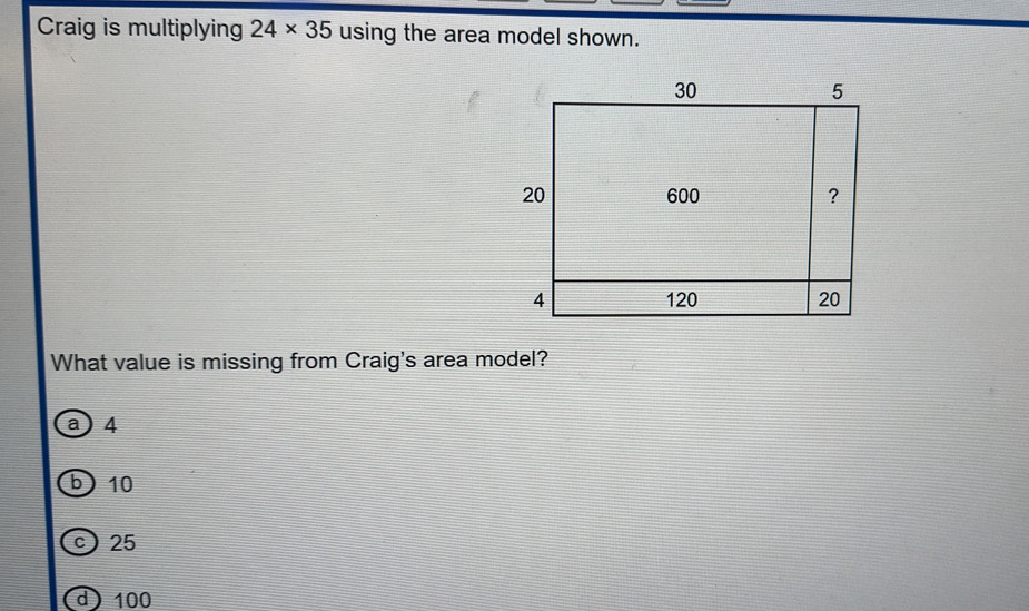 Solved: Craig is multiplying 24* 35 using the area model shown. What ...