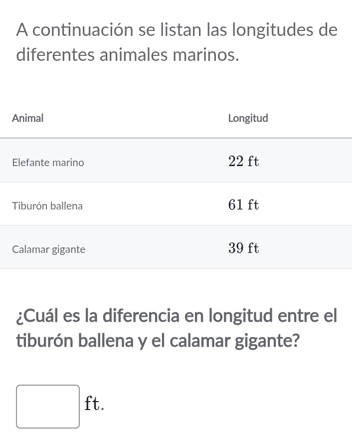 A continuación se listan las longitudes de 
diferentes animales marinos. 
¿Cuál es la diferencia en longitud entre el 
tiburón ballena y el calamar gigante?
□ ft.