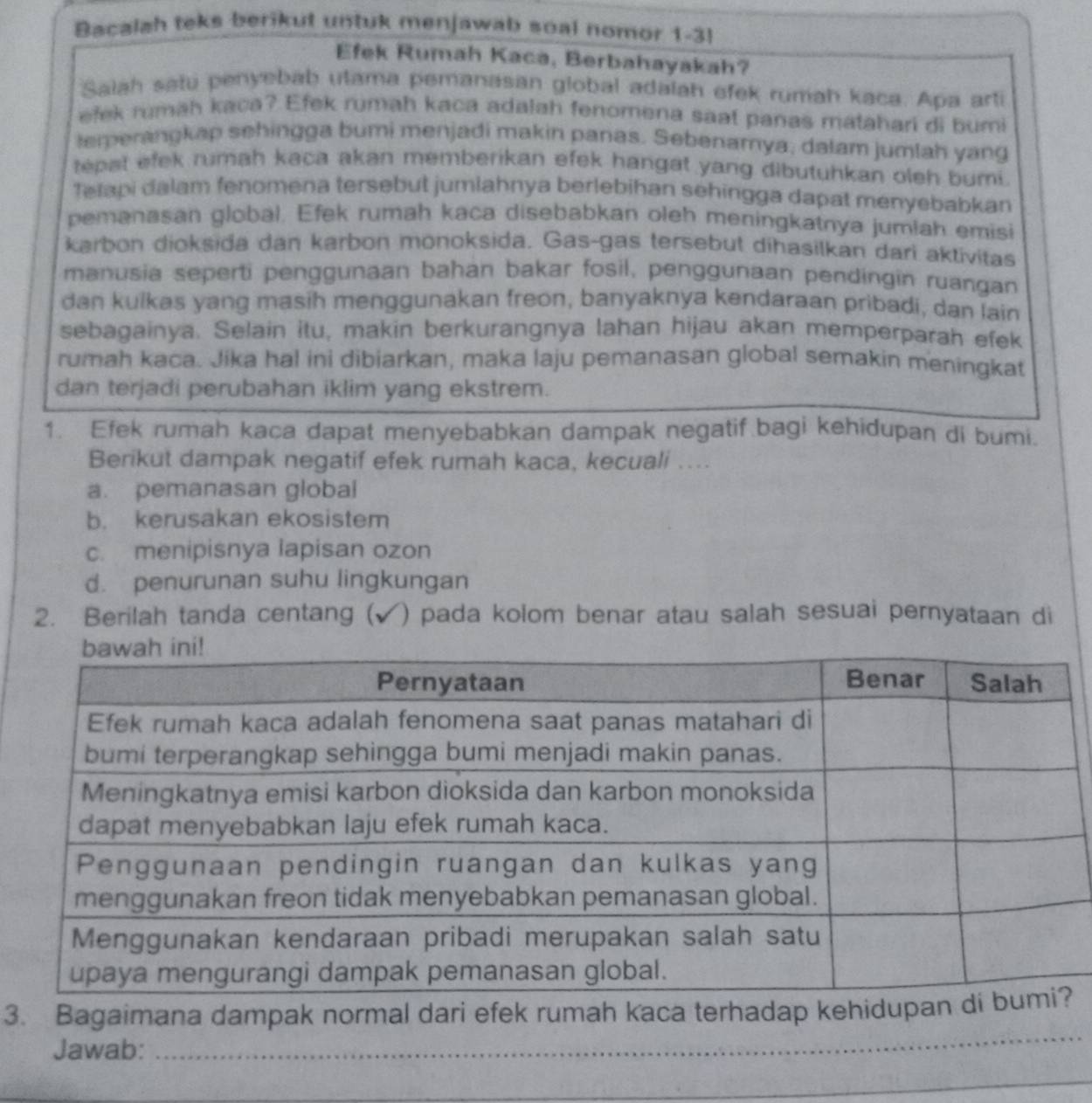 Bacalah teks berikut untuk menjawab soal nomor 1-3!
Efek Rumah Kaca, Berbahayakah?
Salah satu penyebab utama pemanasan global adalah efek rumah kaca. Apa arti
efek rumah kaca? Efek rumah kaca adalah fenomena saat panas matahari di bumi
terperangkap sehingga bumi menjadi makin panas. Sebenamya, dalam jumlah yang
tepat efek rumah kaca akan memberikan efek hangat yang dibutuhkan oleh bumi.
Tetapi dalam fenomena tersebut jumlahnya berlebihan sehingga dapat menyebabkan
pemanasan global. Efek rumah kaca disebabkan oleh meningkatnya jumlah emisi
karbon dioksida dan karbon monoksida. Gas-gas tersebut dihasilkan dari aktivitas
manusia seperti penggunaan bahan bakar fosil, penggunaan pendingin ruangan
dan kulkas yang masih menggunakan freon, banyaknya kendaraan pribadi, dan lain
sebagainya. Selain itu, makin berkurangnya lahan hijau akan memperparah efek
rumah kaca. Jika hal ini dibiarkan, maka laju pemanasan global semakin meningkat
dan terjadi perubahan iklim yang ekstrem.
1. Efek rumah kaca dapat menyebabkan dampak negatif bagi kehidupan di bumi.
Berikut dampak negatif efek rumah kaca, kecuali ....
a. pemanasan global
b. kerusakan ekosistem
c. menipisnya lapisan ozon
d. penurunan suhu lingkungan
2. Berilah tanda centang ( ) pada kolom benar atau salah sesuai pernyataan di
3. Bagaimana dampak normal dari efek rumah kaca terhadap kehidupa
Jawab:
_
_