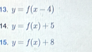 y=f(x-4)
14, y=f(x)+5
15. y=f(x)+8