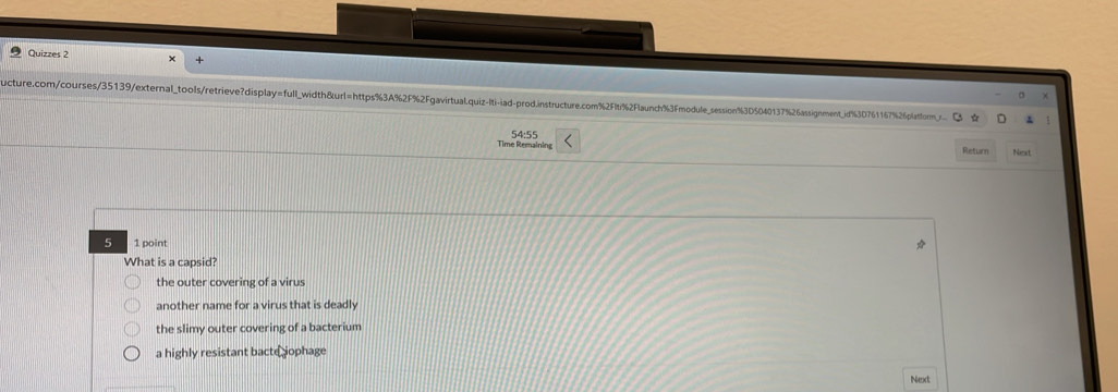 Quizzes 2
ucture.com/courses/35139/external_tools/retrieve?display=full_width&url=https%3A%2F%2Fgavirtual.quizlti-iad-prod.instructure.com%2Flti%2Flaunch%3Fmodule_session%3D5040137%26assignment_jd%30761167%26pafom, ③ ☆
54:55
Time Remaining Return Next
5 1 point
What is a capsid?
the outer covering of a virus
another name for a virus that is deadly
the slimy outer covering of a bacterium
a highly resistant bacte jophage
Next