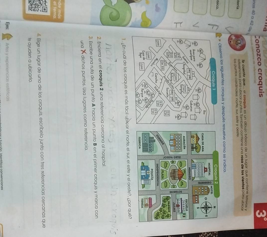 Conozco croquis 
Sa de referencia)
3°
inas 40 a 42 de 
Te cuento que... el croquís es un dibujo básico de un lugar que contiene letreros y 
toría 
referencias para ubicar puntos.También contiene una rosa de los vientos para ubicar 
los puntos cardinales: norte, sur, este y oeste. 
* Observa los siguientes croquis y después resuelve como se indica. 
teco. 
1 .¿En cuál de los croquis es más fácil ubicar el norte, el sur, el este y el oeste?, ¿por qué? 
2. Encierra en el croquis 2 una referencia cercana al hospital. 
3. Escribe una ruta de un punto A hacia un punto B en el primer croquis y marca con 
una dichos puntos. Usa lugares como referencia. 
nde más 
el tema. 
4. Elige un lugar de uno de los croquis, escríbelo junto con tres referencias cercanas que 
te ayuden a ubicarlo. 
Ejes: Artes y experiencias estéticas 
función. Identifica convenciones