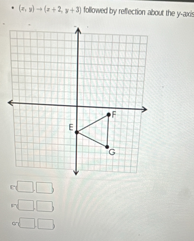 (x,y)to (x+2,y+3) followed by reflection about the y-axis 
E"(
F''