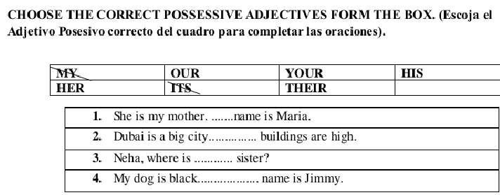 CHOOSE THE CORRECT POSSESSIVE ADJECTIVES FORM THE BOX. (Escoja el 
Adjetivo Posesivo correcto del cuadro para completar las oraciones).