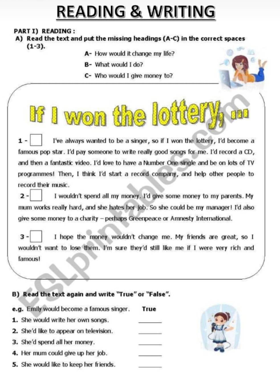 READING & WRITING 
PART I) READING ： 
A) Read the text and put the missing headings (A-C) in the correct spaces 
(1-3). 
A- How would it change my life? 
B- What would I do? 
C- Who would I give money to? 
If I won the lottery .._ 
1-□ I've always wanted to be a singer, so if I won the lottery, I'd become a 
famous pop star. I'd pay someone to write really good songs for me. I'd record a CD, 
and then a fantastic video. I'd love to have a Number One single and be on lots of TV 
programmes! Then, I think I'd start a record company, and help other people to 
record their music. 
2-□ I wouldn't spend all my money. I'd give some money to my parents. My 
mum works really hard, and she hates her job. So she could be my manager! I'd also 
give some money to a charity -perhaps Greenpeace or Amnesty International. 
3-□ I hope the money wouldn't change me. My friends are great, so I 
wouldn't want to lose them. I'm sure they'd still like me if I were very rich and 
famous! 
B) Read the text again and write “True” or “False”. 
e.g. Emily would become a famous singer. True 
1. She would write her own songs. 
_ 
2. She'd like to appear on television. 
_ 
3. She'd spend all her money. 
_ 
4. Her mum could give up her job. 
_ 
5. She would like to keep her friends._