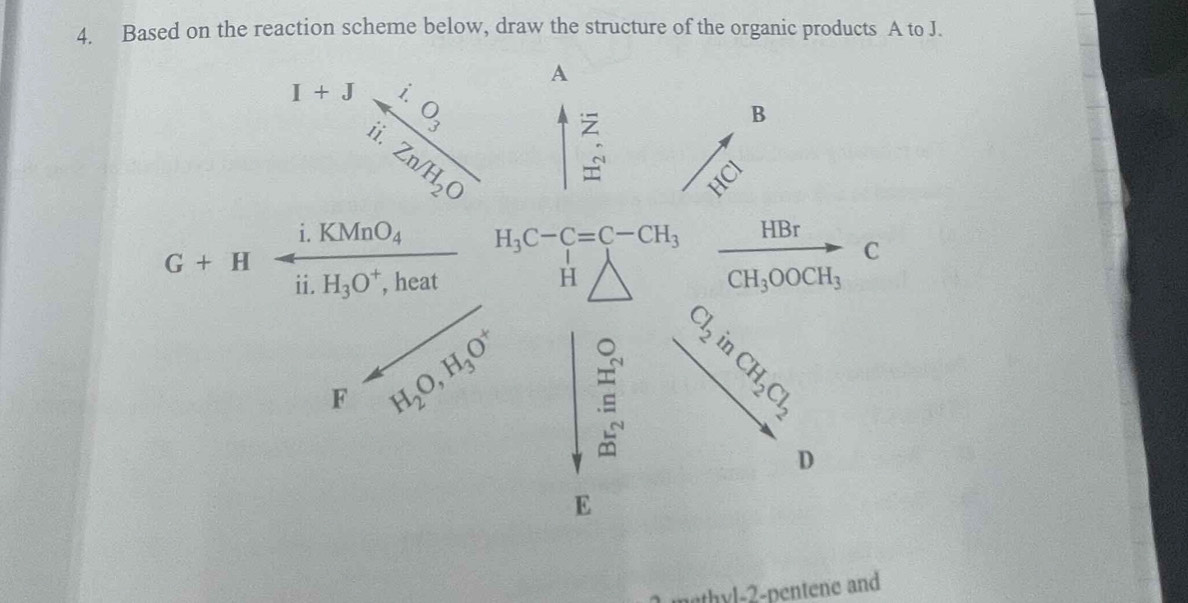 Based on the reaction scheme below, draw the structure of the organic products A to J.
h yl-2-pentene and