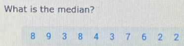 What is the median?
8 9 3 8 4 3 7 6 2 2