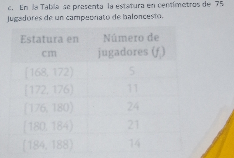 En la Tabla se presenta la estatura en centímetros de 75
jugadores de un campeonato de baloncesto.