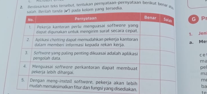 Mcrosó 
2. Berdasarkan teks tersebut, tentukan pernyataan-pernyataan berikut benar ala 
yang tersedia.
G P 
1. Jeni 
a. Me 
ce 
ma 
pel 
ma 
m 
ba 
an. to