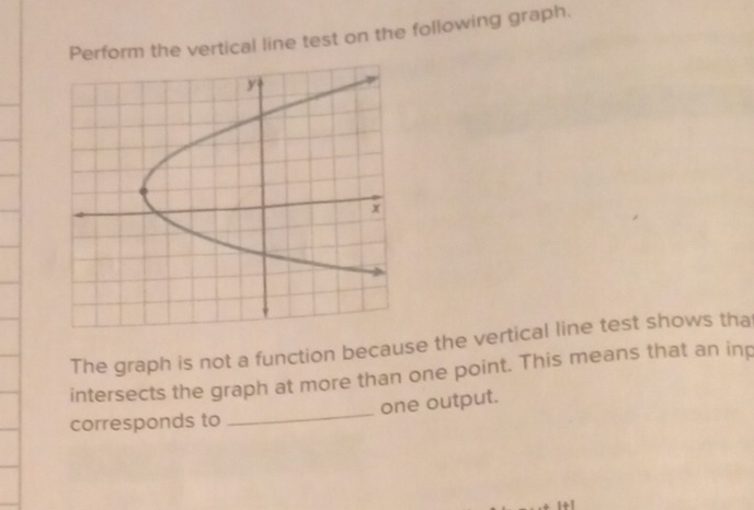 Perform the vertical line test on the following graph. 
The graph is not a function because the vertical line test shows tha 
intersects the graph at more than one point. This means that an inp 
_ 
one output. 
corresponds to