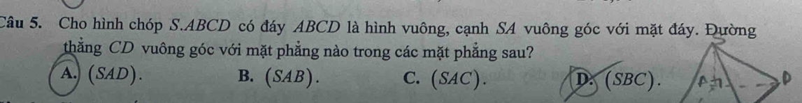 Cho hình chóp S. ABCD có đáy ABCD là hình vuông, cạnh SA vuông góc với mặt đáy. Đường
thẳng CD vuông góc với mặt phẳng nào trong các mặt phẳng sau?
A. (SAD). B. (SAB ) . C. (SAC). D. (SBC).