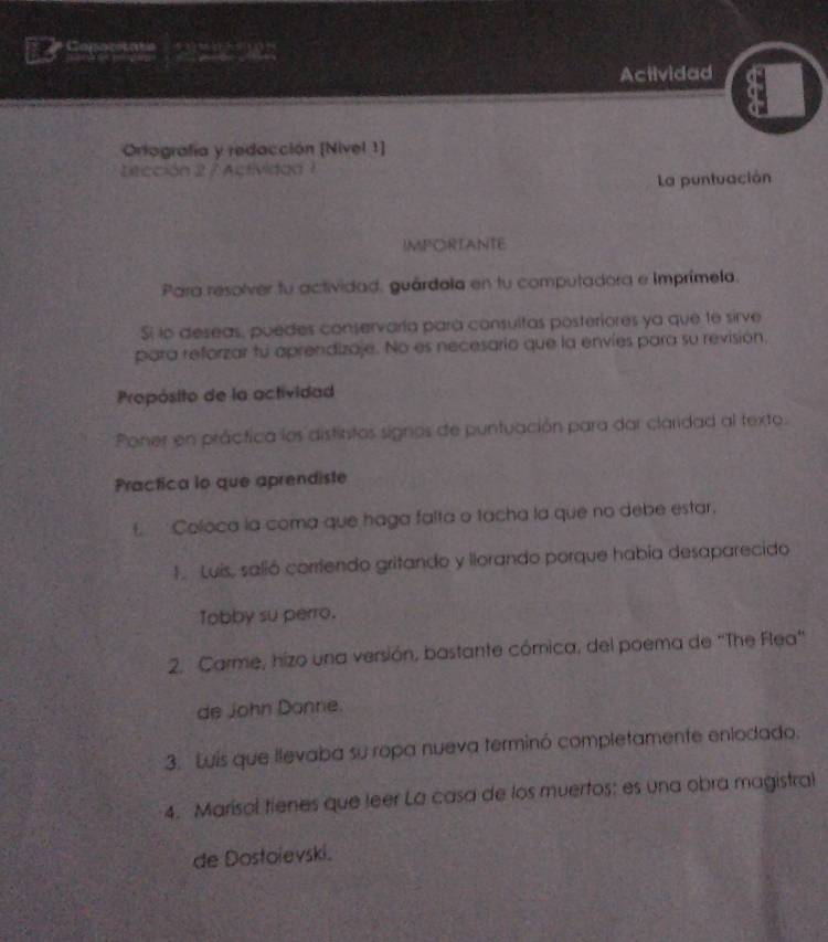 Actividad 
Oriografía y redacción [Nivel 1] 
ección 2 7 Actividad 1 
La puntuación 
IMPORTANTE 
Para resolver fu actividad, guárdala en tu computadora e Imprímela. 
Si lo deseas, puedes conservaría para consultas posteriores ya que te sirve 
para reforzar fu aprendizaje. No es necesario que la envíes para su revisión, 
Propósito de la actividad 
Poner en práctica los distintos signos de puntuación para dar claridad al texto. 
Practica lo que aprendiste 
f. Coloca la coma que haga falta o tacha la que no debe estar, 
1. Luis, salió corendo gritando y llorando porque había desaparecido 
Tobby su perro. 
2. Carme, hizo una versión, bastante cómica, del poema de "The Flea" 
de John Donne. 
3. Luis que llevaba su ropa nueva terminó completamente enlodado. 
4. Marísol tienes que leer La casa de los muertos: es una obra magistral 
de Dostoievski.