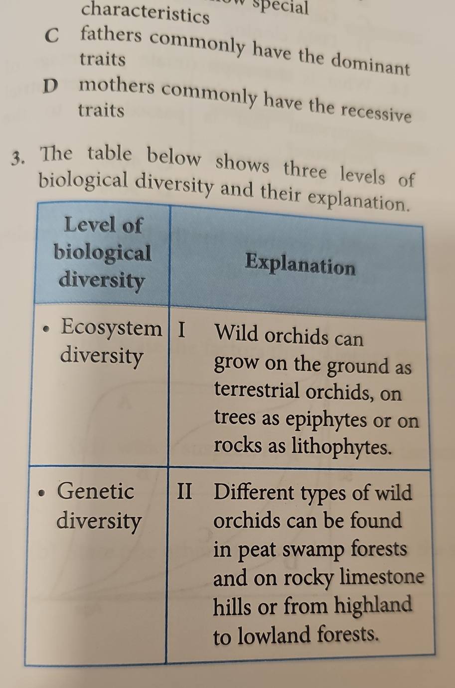 special
characteristics
C fathers commonly have the dominant
traits
D mothers commonly have the recessive
traits
3. The table below shows three levels of
biological di