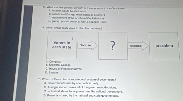 What was the greatest concem of the opponents to the Constitution?
A. taxation would be eliminated
B. selection of George Washington as president
C. replacement of the Articles of Confederation
D. giving up state power to form a stronger Union
14. Which group casts votes to elect the president?
B. Electoral College
C. House of Representatives
D. Senate
15. Which of these describes a federal system of government?
A. Government is run by one political party.
B. A single leader makes all of the government decisions.
C. Individual states have power over the national government.
D. Power is shared by the national and state governments.