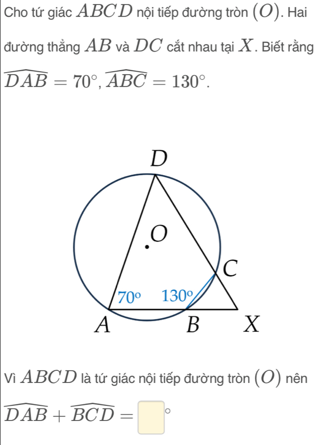 Cho tứ giác ABC D nội tiếp đường tròn (O). Hai
đường thẳng AB và DC cắt nhau tại X. Biết rằng
widehat DAB=70°,widehat ABC=130°.
Vì ABCD là tứ giác nội tiếp đường tròn (O) nên
widehat DAB+widehat BCD=□°