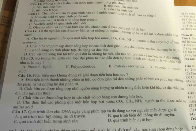 Măng Tượng tự nmc yng sinh học.
Câu 12. Những sinh vật đầu tiên được hình thành trong giai đoạn
A. tiền hóa hóa học.
B. tiên hóa tiên sinh học.
C. tiến hóa lí học.
D. tiên hóa sinh học.
Cầu 13. Chất hữu cơ nào và quá trình nào có ý nghĩa quan trọng nhất đối với sự sống ? a) Sự sông
A. Nucleic acid và quá trình phiên mã. → Tiền hoá b) Tiến họ
B. Protein và quá trinh sinh tổng hợp protein.
NI ới
C. Nucleic acid và quá trình nhân đôi. c) Tiến họ
D. Glycoprotein và sự nhận biết các đấu chuẩn của tế bào trong cơ thể đa bảo. tác động cù d) Tiên h
Cầu 14. Từ thí nghiệm của Stanley Miller và những thí nghiệm tương tự, ta có thể rút ra được nhận định
nào? Phần III: Câu 1. Có
A. Cho tia tử ngoại chiếu qua một hỗn hợp hơi nước, CO 2, CH4, NH3... người ta thu được một số loại thể hệ sau (1) Sự xu
amino acid. B. Chất hữu cơ phức tạp được tổng hợp từ các chất đơn giản trong điều kiện của địa cầu nguyên thuỷ. (2) Sự xu
C. Cơ thể sống có tính phức tạp, đa dạng và đặc thù. (3) Sự hì
D. Các vật thể sống tồn tại trên quả đất là những hệ mở, câu tạo bởi protein và nucleic acid đặc trưng (4) Sự hì Trã lời:
Câu 15. Sự tương tác giữa các loại đại phân tử nào dẫn đến sự hình thành các dạng sinh vật phường
như hiện nay ? B. Protein - saccharide. D. Protein - nucleic Câu 2. (1) Tro
A. Protein - lipid. C. Polynucleotide.
acid.
Câu 16. Phát biểu nào không đúng về giai đoạn tiến hóa hóa học ? (2) Tro (3) Ch
A. Đầu tiên hình thành những phân tử hữu cơ đơn giản rồi đến những phân tử hữu cơ phức tạp, những
đại phân tử và những hệ đại phân tử. (4) Sự Trả là
B. Chất hữu cơ được tổng hợp nhờ nguồn năng lượng tự nhiên trong điều kiện khí hậu và địa chất của
địa cầu nguyên thuỷ. Câu
C. Chất hữu cơ được tổng hợp từ các chất vô cơ bằng con đường hóa học.
D. Cho điện thế cao phóng qua một hỗn hợp hơi nước, CO_2 , CH₄, 1 surd H_3.người ta thu được một số (1) T màn
amino acid (2) 1
Câu 17. Quá trình làm cho DNA ngày càng phức tạp và đa dạng so với nguyên mẫu được gọi là (3) ( (4)
A. quá trình tích luỹ thông tin di truyền. B. quá trình biến đổi thông tin di truyền.
C. quá trình đột biển trong sinh sản. D. quá trình biến dị tổ hợp.
Tr
h), c), d) ở mỗi câu, học sinh chon đúng hoặc C