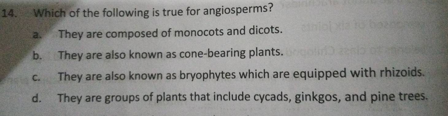 Which of the following is true for angiosperms?
a. They are composed of monocots and dicots.
b. They are also known as cone-bearing plants.
c. They are also known as bryophytes which are equipped with rhizoids.
d. They are groups of plants that include cycads, ginkgos, and pine trees.