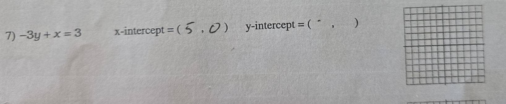 a 
7) -3y+x=3 x-intercept = ( y-intercep t= ( , )