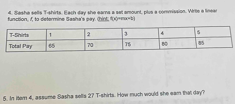 Sasha sells T-shirts. Each day she earns a set amount, plus a commission. Write a linear 
function, f, to determine Sasha's pay. (hint: f(x)=mx+b)
5. In item 4, assume Sasha sells 27 T-shirts. How much would she earn that day?