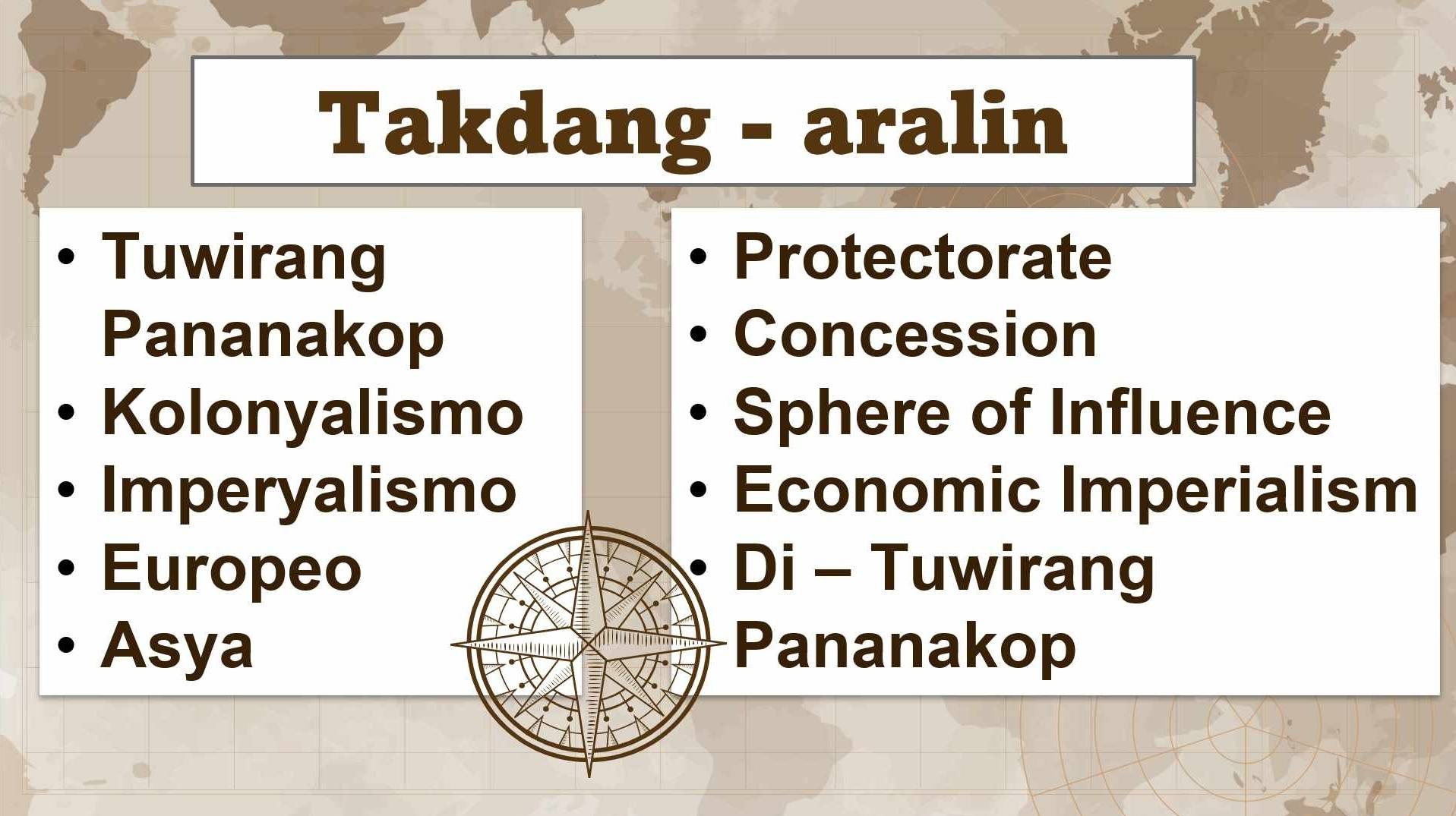 Takdang - aralin
Tuwirang Protectorate
Pananakop Concession
Kolonyalismo Sphere of Influence
Imperyalismo Economic Imperialism
EuropeoDi - Tuwirang
AsyaPananakop