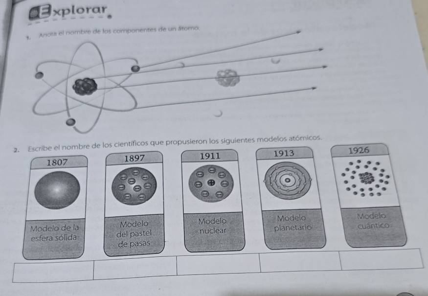 xplorar
el nombre de los componentes de un átomo.
2. Escribe el nombre de los científicos que propusieron los siguientes modelos atóm
1807 1897 1911 1913 1926
Modelo de la Modelo Modelo Modelo Modelo
esfera sólida del pastel nuclear planetario cuántico
de pasas