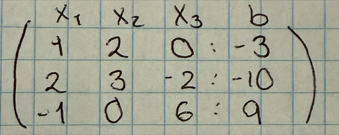 beginpmatrix x_1&x_2&x_3&b 1&2&0&-3 2&3&-2&-10 -1&0&6&9endpmatrix