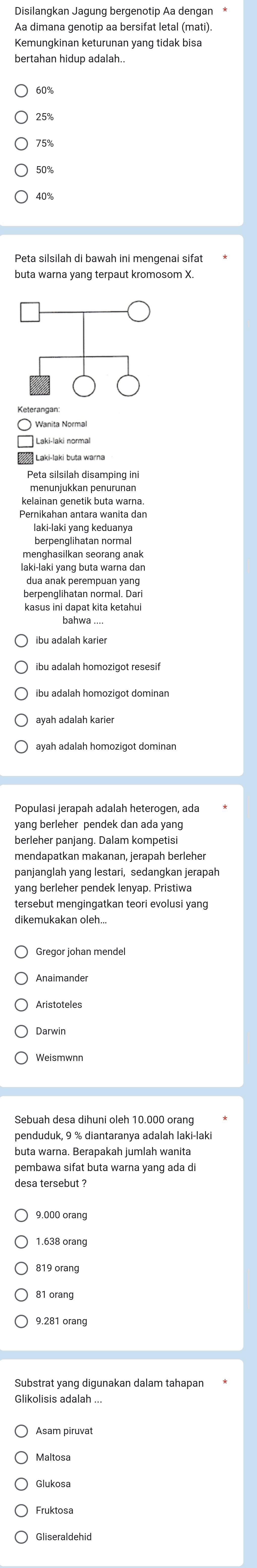 Aa dimana genotip aa bersifat letal (mati).
Kemungkinan keturunan yang tidak bisa
bertahan hidup adalah..
60%
25%
75%
50%
40%
Peta silsilah di bawah ini mengenai sifat
buta warna yang terpaut kromosom X.
menunjukkan penurunan
Pernikahan antara wanita dan
laki-laki yang keduany
berpenglihatan normal
menghasilkan seorang anak
laki-laki yang buta warna dan
berpenglihatan normal. Dari
kasus ini dapat kita ketahui
ibu adalah homozigot resesif
yang berleher pendek dan ada yang
berleher panjang. Dalam kompetisi
mendapatkan makanan, jerapah berleher
panjanglah yang lestari, sedangkan jerapah
yang berleher pendek lenyap. Pristiwa
tersebut mengingatkan teori evolusi yang
dikemukakan oleh...
Gregor johan mendel
Anaimander
Aristoteles
Weismwnn
penduduk, 9 % diantaranya adalah laki-laki
buta warna. Berapakah jumlah wanita
pembawa sifat buta warna yang ada di
desa tersebut ?
9.000 orang
1.638 orang
819 orang
81 orang
9.281 orang
Glikolisis adalah ...
Glukosa
Gliseraldehid