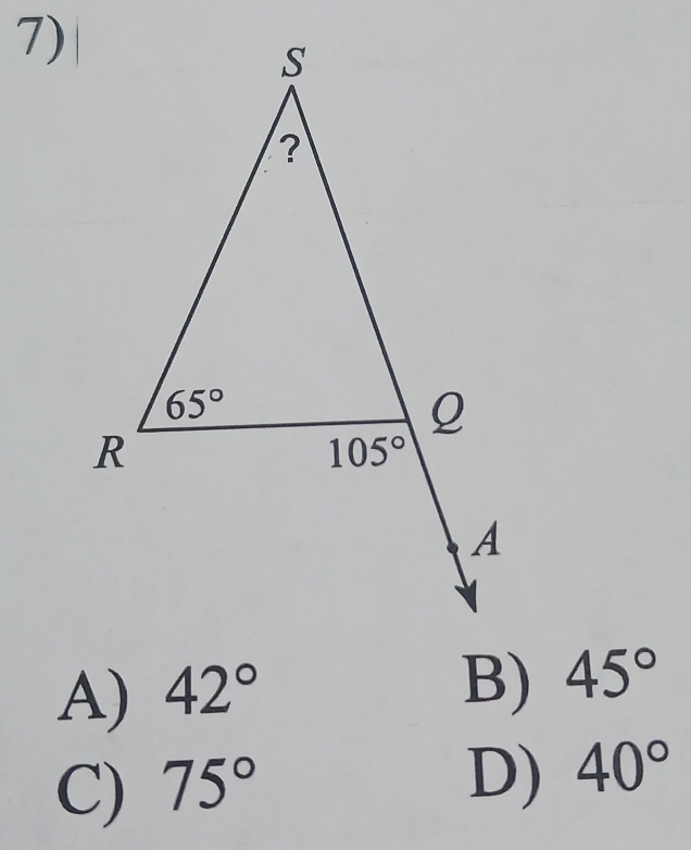 A) 42°
B) 45°
C) 75°
D) 40°