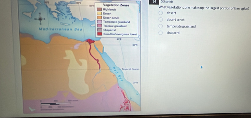 14 0.5 points
Vegetation ZonesWhat vegetation zone makes up the largest portion of the region?
desert
desert scrub
temperate grassland
chaparral