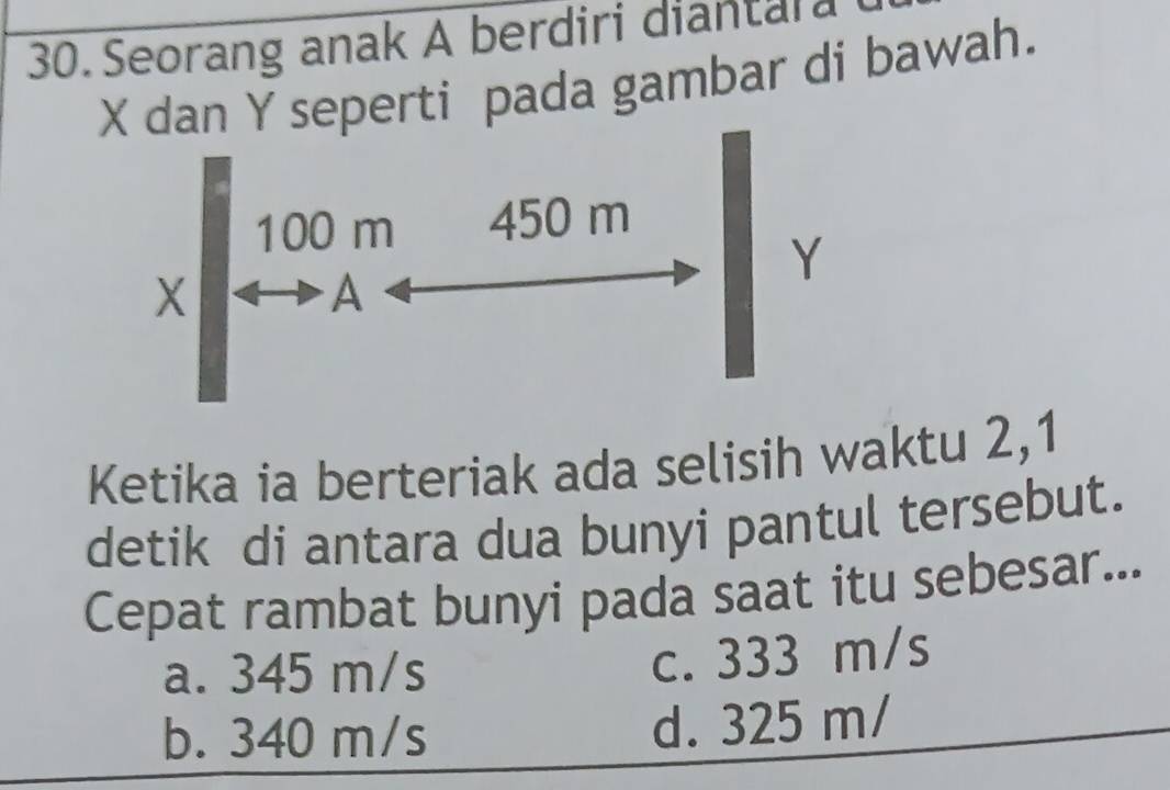 Seorang anak A berdiri diantara
n Y seperti pada gambar di bawah.
Ketika ia berteriak ada selisih waktu 2, 1
detik di antara dua bunyi pantul tersebut.
Cepat rambat bunyi pada saat itu sebesar...
a. 345 m/s
c. 333 m/s
b. 340 m/s d. 325 m/