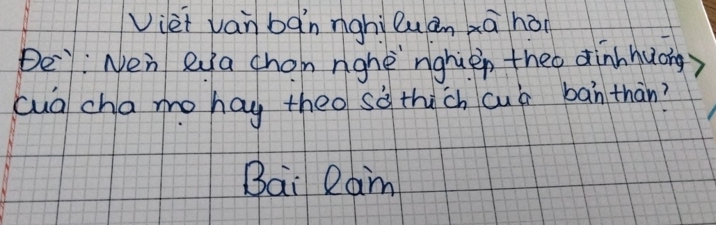 Viet van bànnighì Quán zā hài 
De: Nen eya chon nghe nghien theo dinnhuong 
cua cha mo hay theo sà thich cuá ban thàn? 
Bai Ran