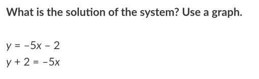 What is the solution of the system? Use a graph.
y=-5x-2
y+2=-5x