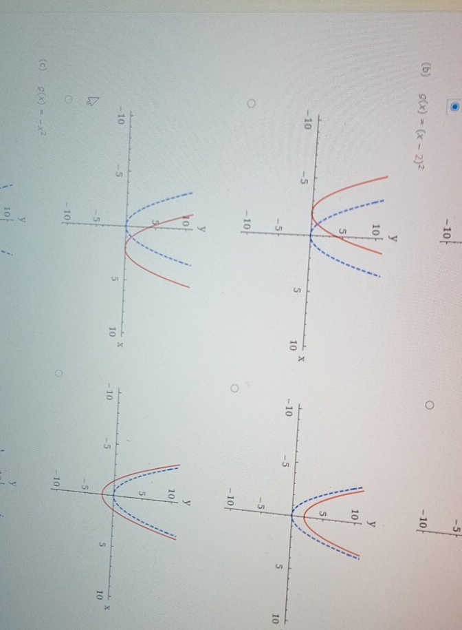 -5
-10
(b) g(x)=(x-2)^2 -10
0
(c) g(x)=-x^2
y
10
y