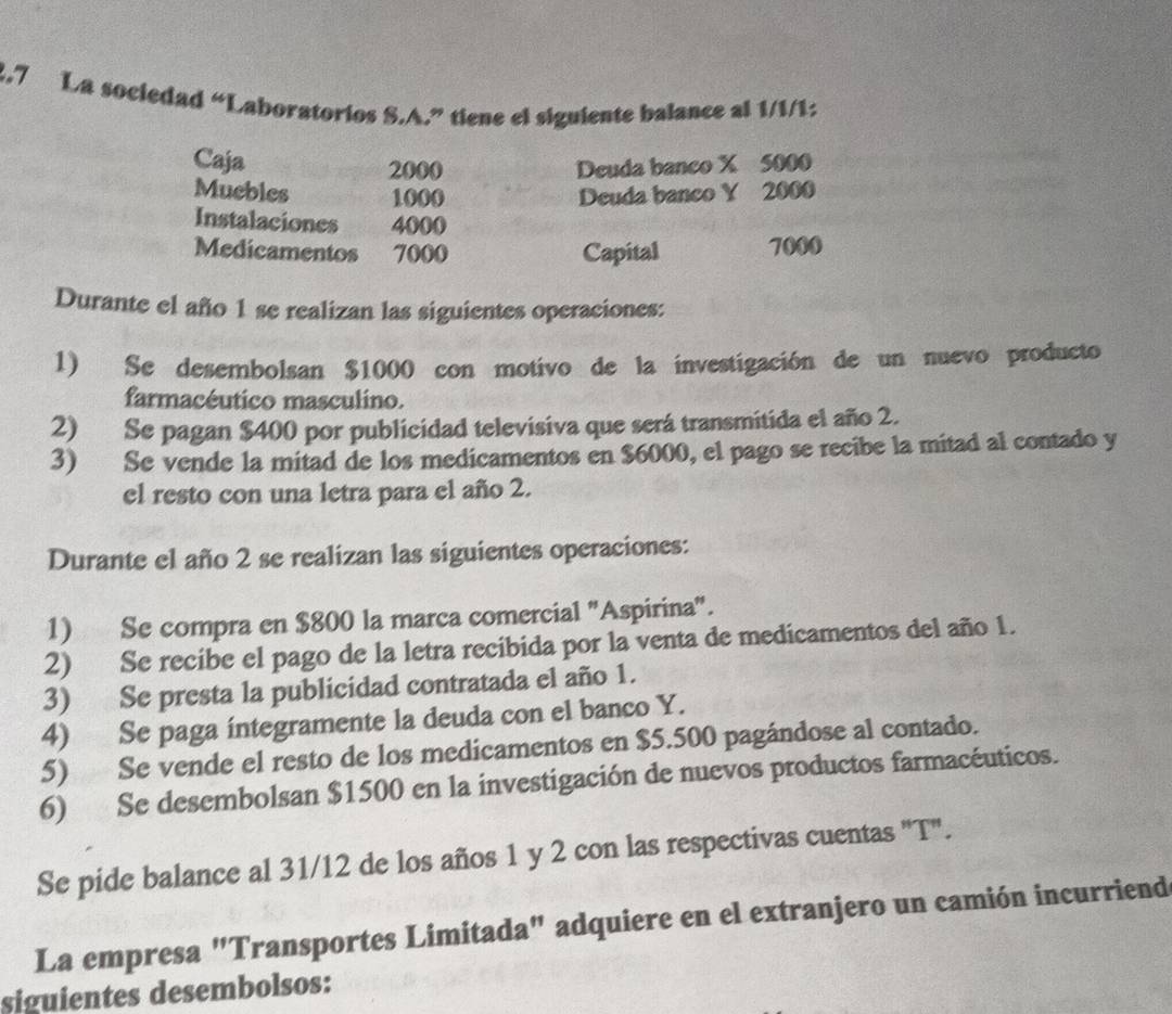 2,7 La sociedad “Laboratorios S.A.” tiene el siguiente balance al 1/1/1: 
Caja
2000 Deuda banco X 5000
Muebles 1000 Deuda banco Y 2000
Instalaciones 4000
Medicamentos 7000 Capital 7000
Durante el año 1 se realizan las siguientes operaciones: 
1) Se desembolsan $1000 con motivo de la investigación de un nuevo producto 
farmacéutico masculino. 
2) Se pagan $400 por publicidad televisiva que será transmitida el año 2. 
3) Se vende la mitad de los medicamentos en $6000, el pago se recibe la mitad al contado y
el resto con una letra para el año 2. 
Durante el año 2 se realizan las siguientes operaciones: 
1) Se compra en $800 la marca comercial "Aspirina". 
2) Se recibe el pago de la letra recibida por la venta de medicamentos del año 1. 
3) Se presta la publicidad contratada el año 1. 
4) Se paga integramente la deuda con el banco Y. 
5) Se vende el resto de los medicamentos en $5.500 pagándose al contado. 
6) Se desembolsan $1500 en la investigación de nuevos productos farmacéuticos. 
Se pide balance al 31/12 de los años 1 y 2 con las respectivas cuentas "T". 
La empresa "Transportes Limitada" adquiere en el extranjero un camión incurriend 
siguientes desembolsos: