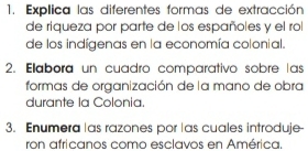 Explica las diferentes formas de extracción 
de riqueza por parte de los españoles y el rol 
de los indígenas en la economía colonial. 
2. Elabora un cuadro comparativo sobre las 
formas de organización de la mano de obra 
durante la Colonia. 
3. Enumera las razones por las cuales introduje- 
ron africanos como esclavos en América.