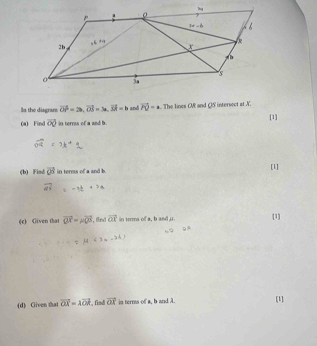 In the diagram vector OP=2b, vector OS=3a, vector SR=b and vector PQ=a. The lines OR and QS intersect at X. 
[1] 
(a) Find vector OQ in terms of a and b. 
(b) Find vector QS in terms of a and b. 
[1] 
(c) Given that vector QX=mu vector QS , find vector OX in terms of a, b and μ. 
[1] 
(d) Given that vector OX=lambda vector OR , find vector OX in terms of a, b and λ. 
[1]