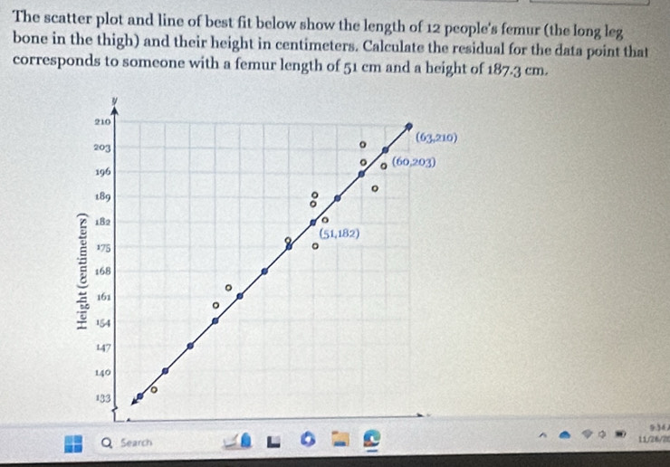 The scatter plot and line of best fit below show the length of 12 people's femur (the long leg
bone in the thigh) and their height in centimeters. Calculate the residual for the data point that
corresponds to someone with a femur length of 51 cm and a height of 187.3 cm.
9.34
Search 11/26/2