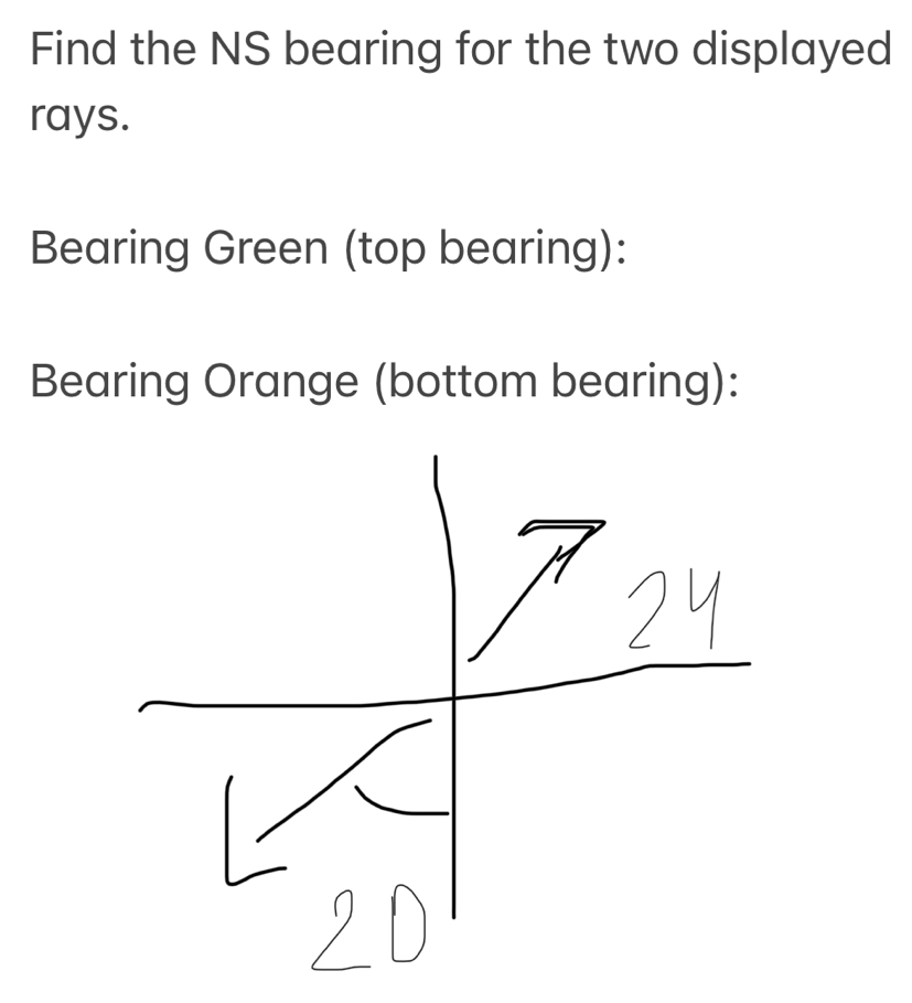 Find the NS bearing for the two displayed 
rays. 
Bearing Green (top bearing): 
Bearing Orange (bottom bearing):