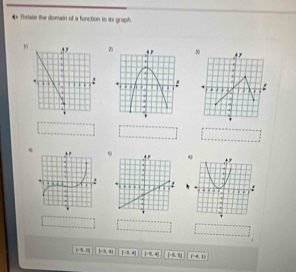 Relate the domain of a function to its graph.
n
2
4)
5)

(-5,0] (-3,4) [-3,4] (-5,4] (-5,5) (-4,1)