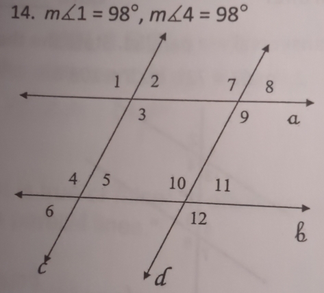 m∠ 1=98°, m∠ 4=98°