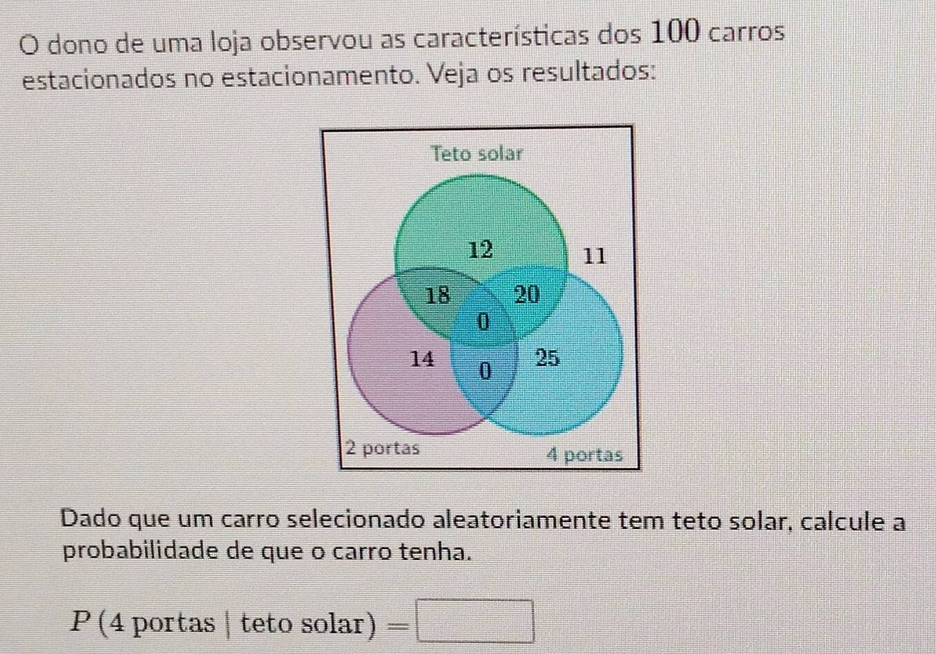 dono de uma loja observou as características dos 100 carros 
estacionados no estacionamento. Veja os resultados: 
Teto solar
12
11
18 20
0
14 0
25
2 portas 4 portas 
Dado que um carro selecionado aleatoriamente tem teto solar, calcule a 
probabilidade de que o carro tenha.
P(4portas|tetosolar)=□