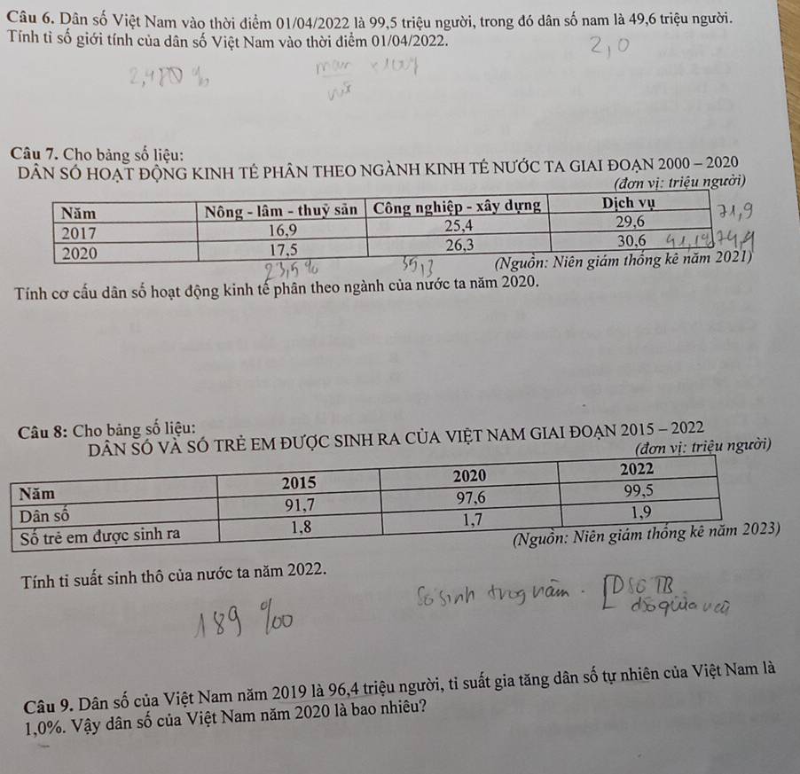 Dân số Việt Nam vào thời điểm 01/04/2022 là 99, 5 triệu người, trong đó dân số nam là 49, 6 triệu người. 
Tính tì số giới tính của dân số Việt Nam vào thời điểm 01/04/2022. 
Câu 7. Cho bảng số liệu: 
DÂN SÓ HOẠT ĐỘNG KINH TÉ phÂN THEO NGẢNH KINH TÉ NƯỚC TA GIAI ĐOẠN 2000 - 2020
người) 
Tính cơ cấu dân số hoạt động kinh tế phân theo ngành của nước ta năm 2020. 
* Câu 8: Cho bảng số liệu: 
vÀ SÓ tRẻ EM đượC SINH rA CủA VIệT NAM GIAI đOẠn 2015 - 2022 
iệu người) 
Tính tỉ suất sinh thô của nước ta năm 2022. 
Câu 9. Dân số của Việt Nam năm 2019 là 96, 4 triệu người, tỉ suất gia tăng dân số tự nhiên của Việt Nam là
1,0%. Vậy dân số của Việt Nam năm 2020 là bao nhiêu?