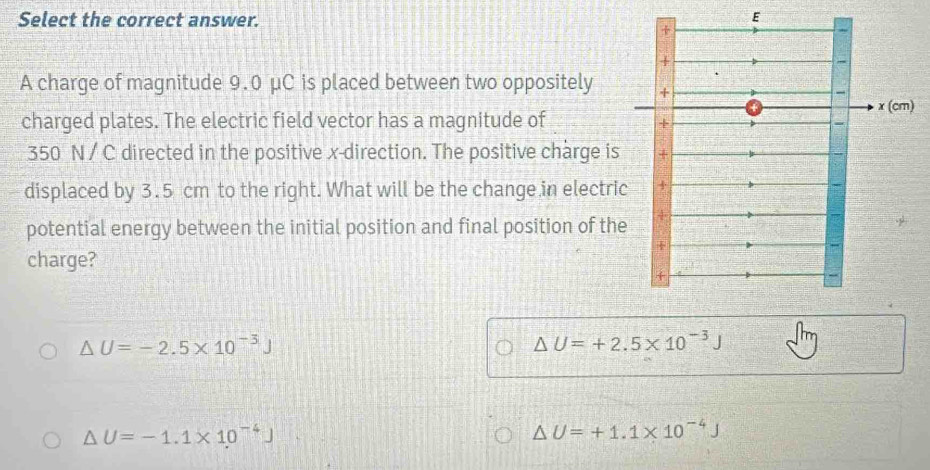 Select the correct answer. E
+
A charge of magnitude 9.0 μC is placed between two oppositely +
x (cm)
charged plates. The electric field vector has a magnitude of
+
350 N / C directed in the positive x -direction. The positive charge is +
displaced by 3.5 cm to the right. What will be the change in electric +
potential energy between the initial position and final position of the
+
charge?
+
△ U=-2.5* 10^(-3)J
△ U=+2.5* 10^(-3)J
Delta U=-1.1* 10^(-4)J
△ U=+1.1* 10^(-4)J