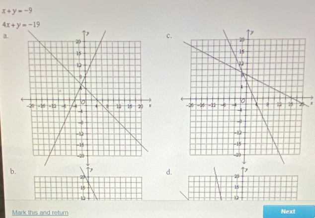 x+y=-9
4x+y=-19
a.
c.
z

b.
↑
d.
y
20
20
15
15
12
12
Mark this and return Next