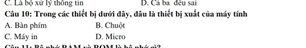 C. Là bộ xử lý thống tin D. Cả ba đều sai
Câu 10: Trong các thiết bị dưới đây, đâu là thiết bị xuất của máy tính
A. Bàn phím B. Chuột
C. Máy in D. Micro