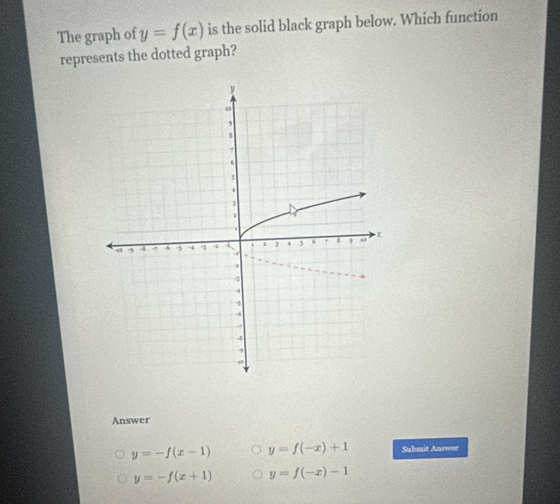 The graph of y=f(x) is the solid black graph below. Which function
represents the dotted graph?
Answer
y=f(-x)+1
y=-f(x-1) Submit Answer
y=-f(x+1)
y=f(-x)-1