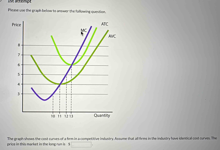 1st attempt 
Please use the graph below to answer the following question. 
The graph shows the cost curves of a frm in a competitive industry. Assume that all firms in the industry have identical cost curves. The 
price in this market in the long run is $ x_OA,_OB)