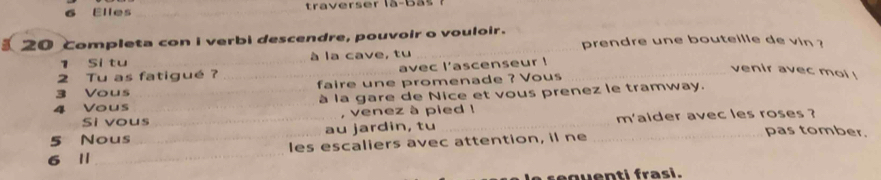 Elles _ tra verser là -B as 
20 completa con i verbi descendre, pouvoir o vouloir. prendre une bouteille de vin ? 
1 Si tu à la cave, tu 
2 Tu as fatigué ? avec l'ascenseur !_ 
venir avec moi ! 
3 Vous faire une promenade ? Vous 
4 Vous à la gare de Nice et vous prenez le tramway. 
Si vous , venez à pied ! 
5 Nous _au jardin, tu _m'aider avec les roses ? 
6 1 ___les escaliers avec attention, il ne_ 
pas tomber. 
requenti frasi.