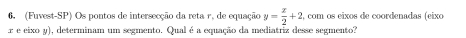 6, (Fuvest-SP) Os pontos de intersecção da reta r. de equação y= x/2 +2 , com os eixos de coordenadas (eixo 
r e eixo y), determinam um segmento. Qual é a equação da mediatriz desse segmento?